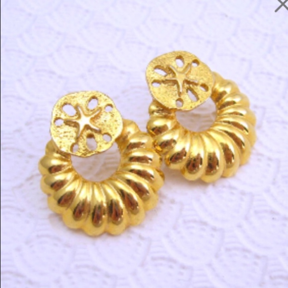 Vintage Sand Dollar Shrimp Hoop Earrings